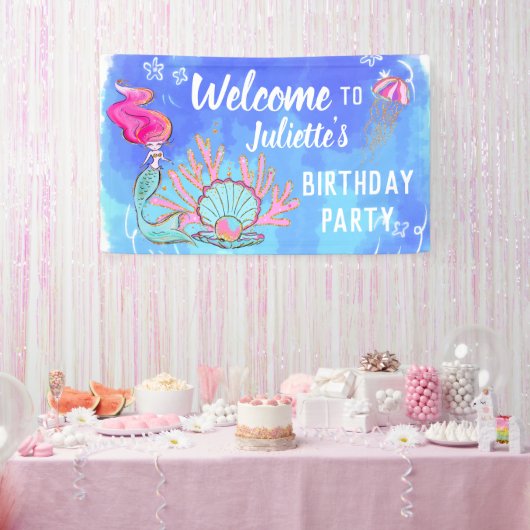 Mermaid and Pearl Clam Birthday Spandoek (Feest)