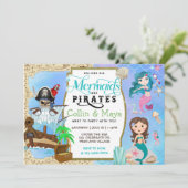 Mermaid and Pirate Birthday, Joint Birthday Invite Kaart (Staand voorkant)