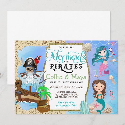 Mermaid and Pirate Birthday, Joint Birthday Invite Kaart (Voorkant / Achterkant)