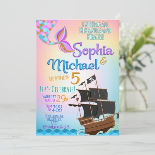 Mermaid and Pirate Birthday Party Kaart (Staand voorkant)