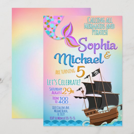 Mermaid and Pirate Birthday Party Kaart (Voorkant / Achterkant)