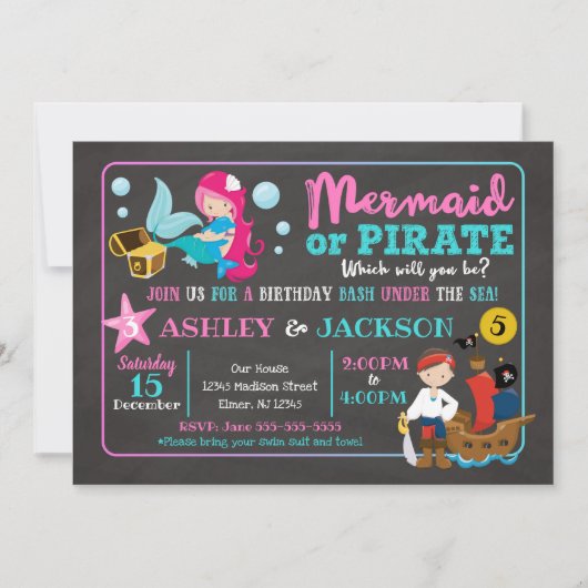 Mermaid and Pirate Joint Birthday Invitation Kaart (Voorkant)