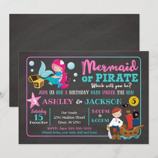 Mermaid and Pirate Joint Birthday Invitation Kaart (Voorkant / Achterkant)