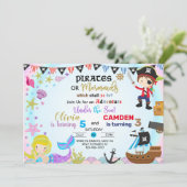 Mermaid and pirate siblings-uitnodiging. kaart (Staand voorkant)