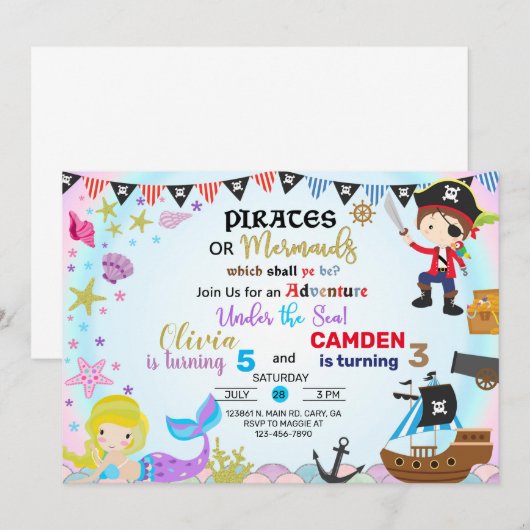 Mermaid and pirate siblings-uitnodiging. kaart (Voorkant / Achterkant)