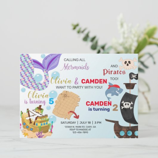 Mermaid and pirate siblings-uitnodiging. kaart (Staand voorkant)
