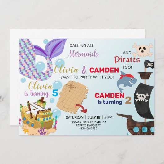 Mermaid and pirate siblings-uitnodiging. kaart (Voorkant / Achterkant)