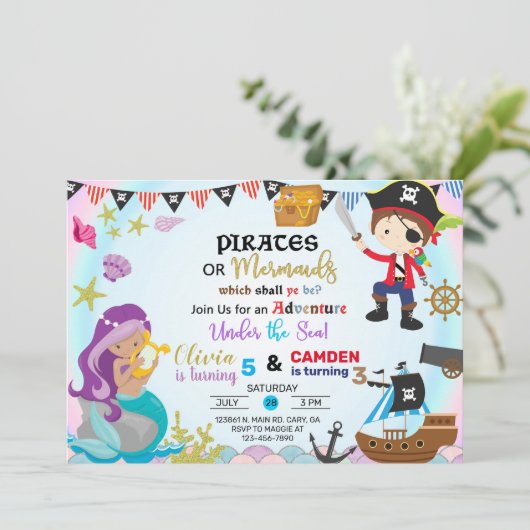 Mermaid and pirate siblings-uitnodiging. kaart (Staand voorkant)