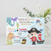 Mermaid and pirate siblings-uitnodiging. kaart (Staand voorkant)