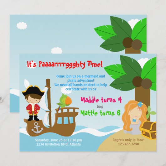 Mermaid and Pirate Twins Joint Birthday Party Kaart (Voorkant / Achterkant)