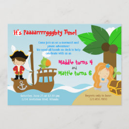 Mermaid and Pirate Twins Joint Birthday Party Kaart