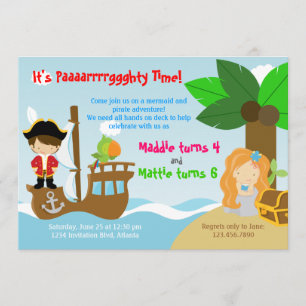 Mermaid and Pirate Twins Joint Birthday Party Kaart