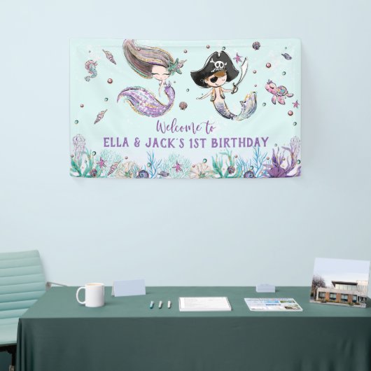 Mermaid and Pirate under the Zee Birthday Backdrop Spandoek (Beurs)