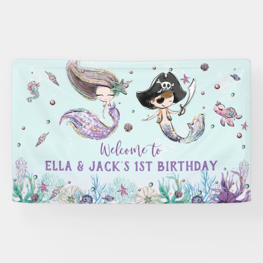 Mermaid and Pirate under the Zee Birthday Backdrop Spandoek (Horizontaal)