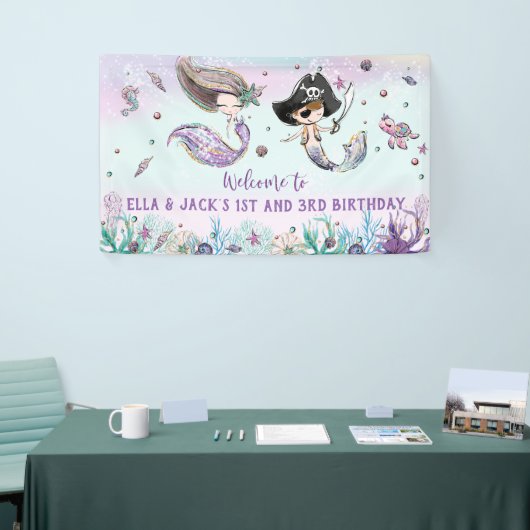Mermaid and Pirate under the Zee Birthday Backdrop Spandoek (Beurs)