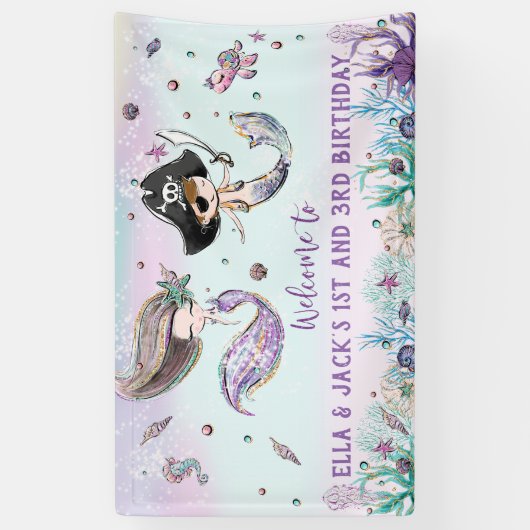 Mermaid and Pirate under the Zee Birthday Backdrop Spandoek (Verticaal)