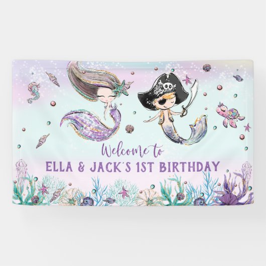 Mermaid and Pirate under the Zee Birthday Backdrop Spandoek (Horizontaal)