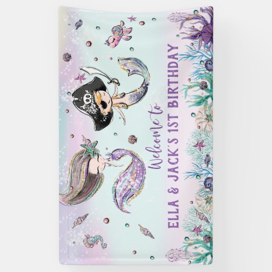 Mermaid and Pirate under the Zee Birthday Backdrop Spandoek (Verticaal)