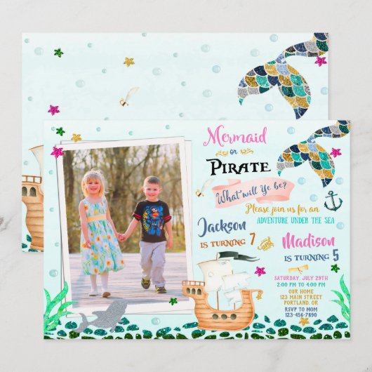 Mermaid and Pirate verjaardagsuitnodiging Boy Girl Kaart (Voorkant / Achterkant)