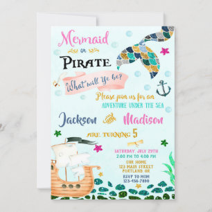 Mermaid and Pirate verjaardagsuitnodiging Boy Girl Kaart