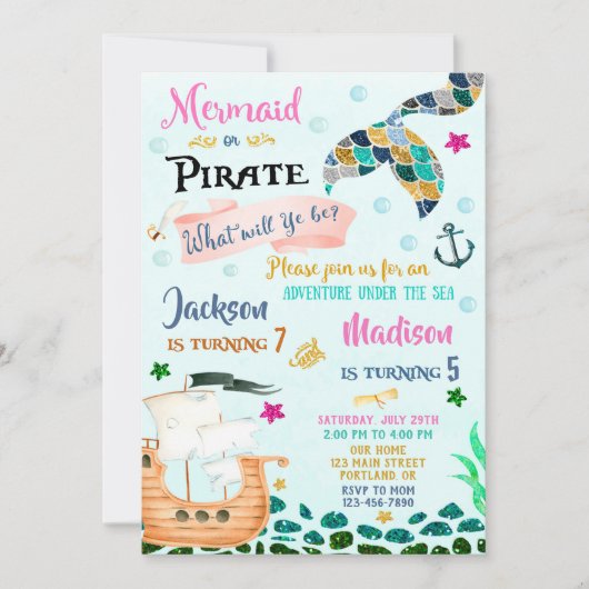Mermaid and Pirate verjaardagsuitnodiging Boy Girl Kaart (Voorkant)