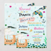 Mermaid and Pirate verjaardagsuitnodiging Boy Girl Kaart (Voorkant / Achterkant)