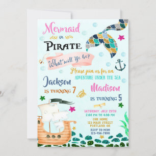 Mermaid and Pirate verjaardagsuitnodiging Boy Girl Kaart