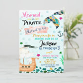Mermaid and Pirate verjaardagsuitnodiging Boy Girl Kaart (Staand voorkant)