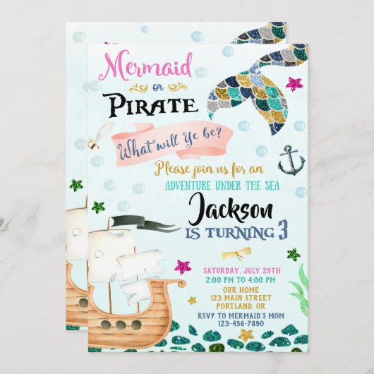 Mermaid and Pirate verjaardagsuitnodiging Boy Girl Kaart (Voorkant / Achterkant)