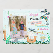 Mermaid and Pirate verjaardagsuitnodiging Boy Girl Kaart (Voorkant / Achterkant)