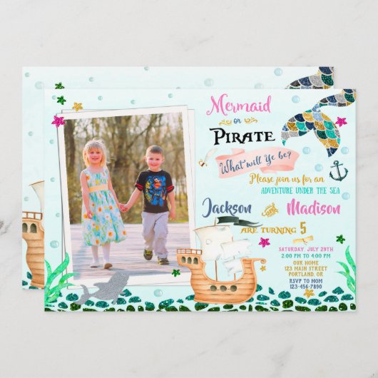 Mermaid and Pirate verjaardagsuitnodiging Boy Girl Kaart (Voorkant / Achterkant)