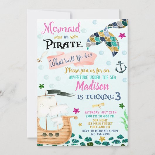 Mermaid and Pirate verjaardagsuitnodiging Boy Girl Kaart (Voorkant)