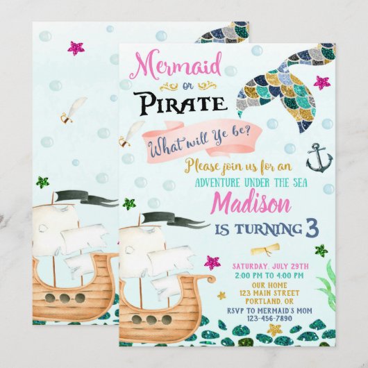 Mermaid and Pirate verjaardagsuitnodiging Boy Girl Kaart (Voorkant / Achterkant)