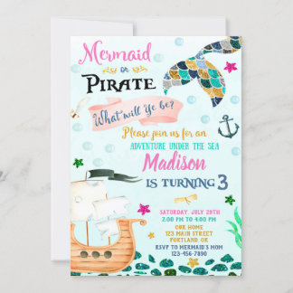 Mermaid and Pirate verjaardagsuitnodiging Boy Girl Kaart