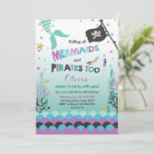 Mermaid and Pirate verjaardagsuitnodiging Paars Bl Kaart (Staand voorkant)