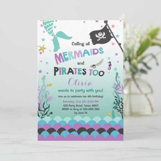 Mermaid and Pirate verjaardagsuitnodiging Paars Bl Kaart (Staand voorkant)