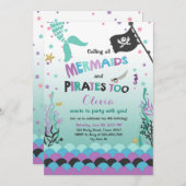 Mermaid and Pirate verjaardagsuitnodiging Paars Bl Kaart (Voorkant / Achterkant)