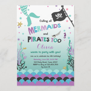 Mermaid and Pirate verjaardagsuitnodiging Paars Bl Kaart