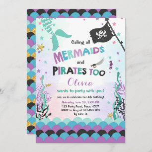 Mermaid and Pirate verjaardagsuitnodiging Paars Bl Kaart