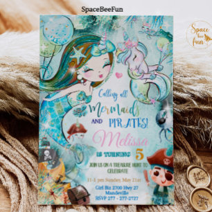 Mermaid and Pirates Birthday Invitation Unicorn Kaart