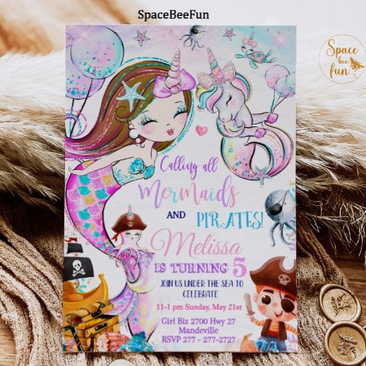 Mermaid and Pirates Birthday Invitation Unicorn Kaart