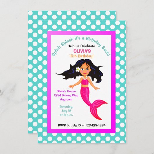 Mermaid and Polka Dot Party Invitation Kaart (Voorkant / Achterkant)