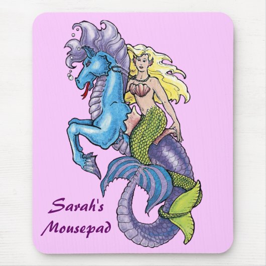 Mermaid and Seahorse Waterverf Mousepad Muismat (Voorkant)