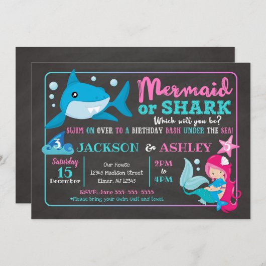 Mermaid and Shark Joint Birthday Invitation Kaart (Voorkant / Achterkant)