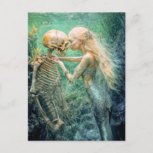 Mermaid and Skeleton in Underwater Embrace Feestdagenkaart (Voorkant)