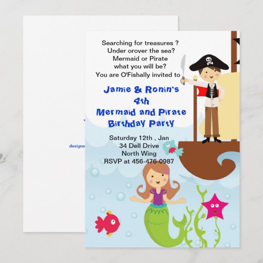 Mermaid and the Pirate Brithday Invitation Kaart (Voorkant / Achterkant)
