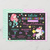 Mermaid and Unicorn Joint Birthday Invitation Kaart (Voorkant / Achterkant)