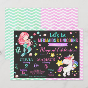 Mermaid and Unicorn Joint Birthday Invitation Kaart