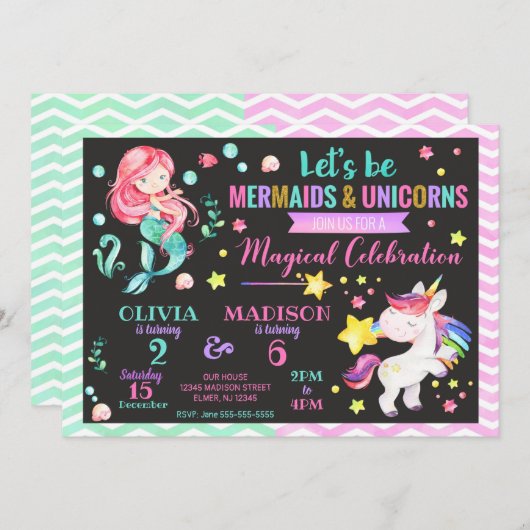 Mermaid and Unicorn Joint Birthday Invitation Kaart (Voorkant / Achterkant)