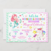 Mermaid and Unicorn Joint Birthday Invitation Kaart (Voorkant)